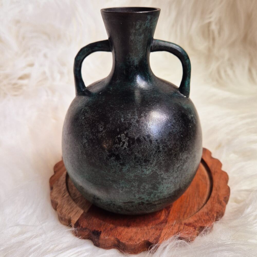 Antique Japanese Meiji Bronze Twin Handle Vase Green Patina